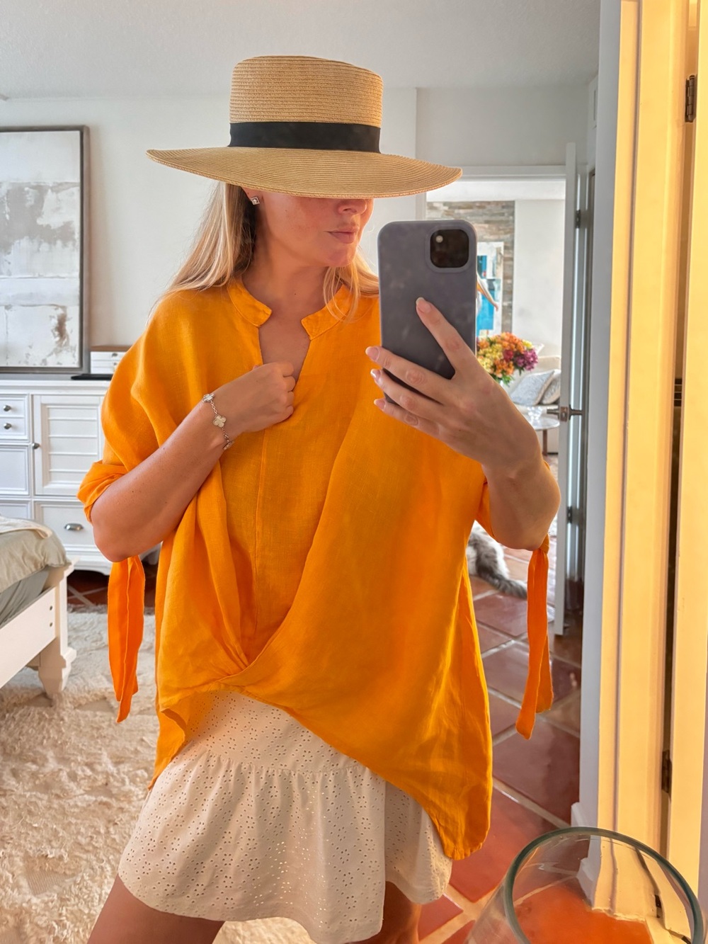 100% Linen Made in Italy Orange Lagenlook Oversized Top L Luxury